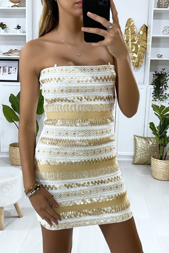 White evening dress with gold sequins and embroidery - 1