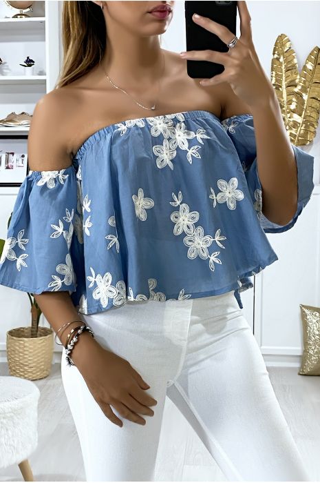 Bustier bleu décolleté avec broderie - 2