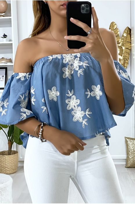 Bustier bleu décolleté avec broderie - 1