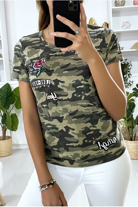 T-shirt kaki militaire avec broderie - 3