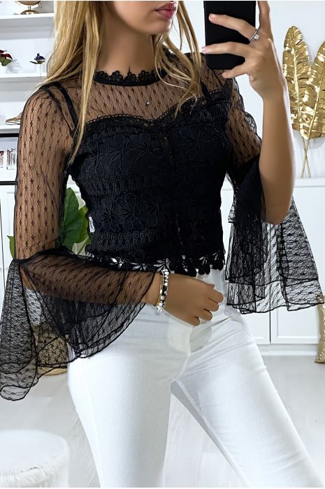 Haut noir en dentelle avec volants aux manches - 3
