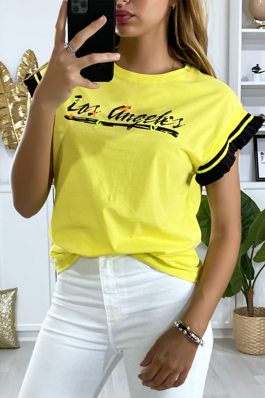 Tee shirt jaune over size avec écriture Los Angels - 1