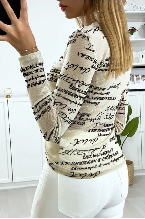 Beige shiny material under sweater with writing - 4