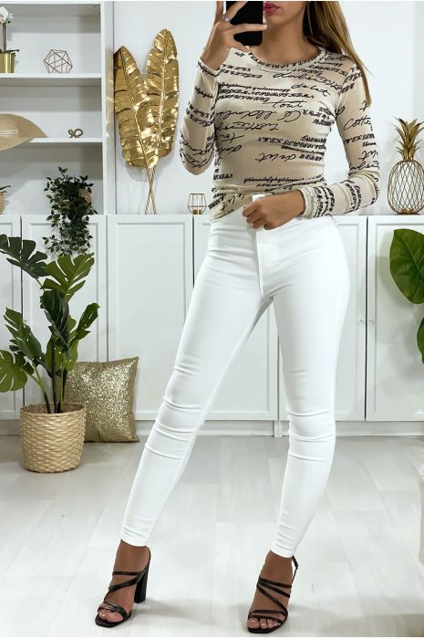 Sous pull beige matière brillante avec écriture - 3