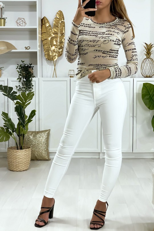 Beige shiny material under sweater with writing - 3