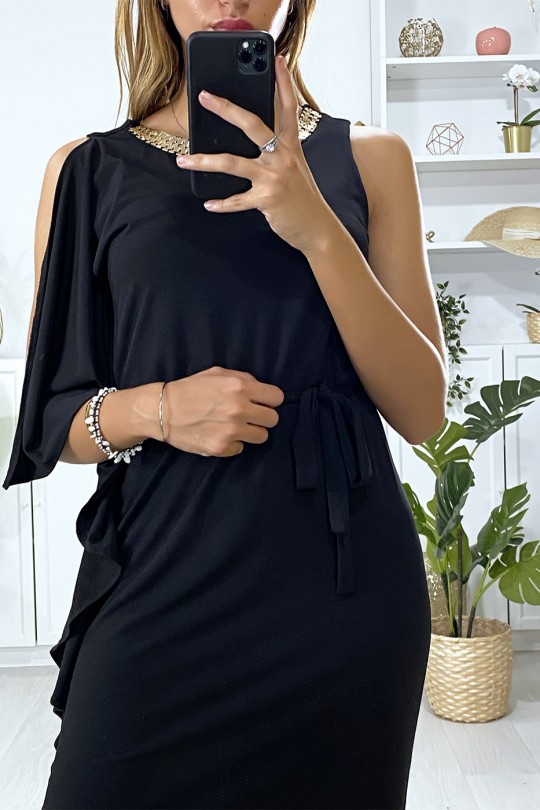 LoLLue black dress with ruffle on one sleeve and gold accessory at the collar - 3