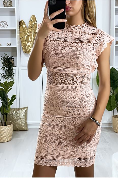 Robe rose en dentelle doublé avec fermeture au dos - 1