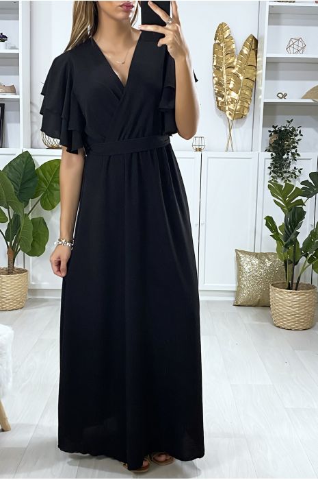 Longue robe noir croisé au buste avec volant aux manches - 2