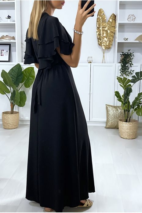 Longue robe noir croisé au buste avec volant aux manches - 5