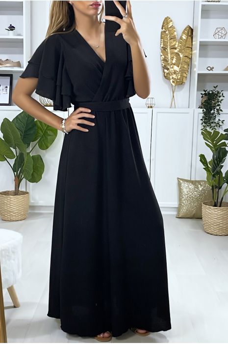 Longue robe noir croisé au buste avec volant aux manches - 4