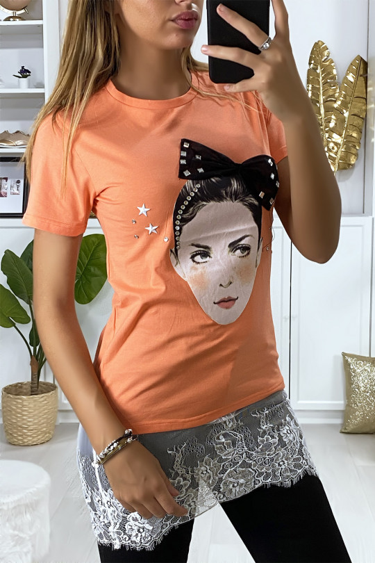 T-shirt corail avec dessin strass et dentelle - 3