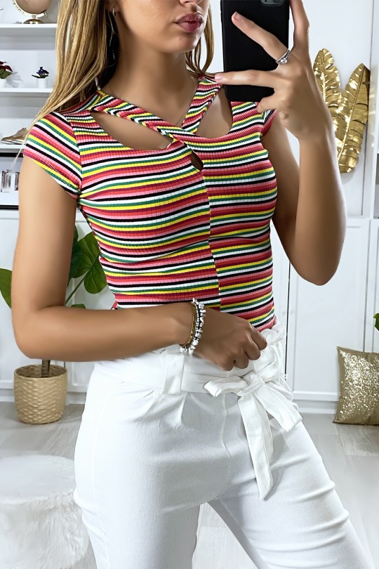 Multicolored coral pink top crossed at the bust - 3