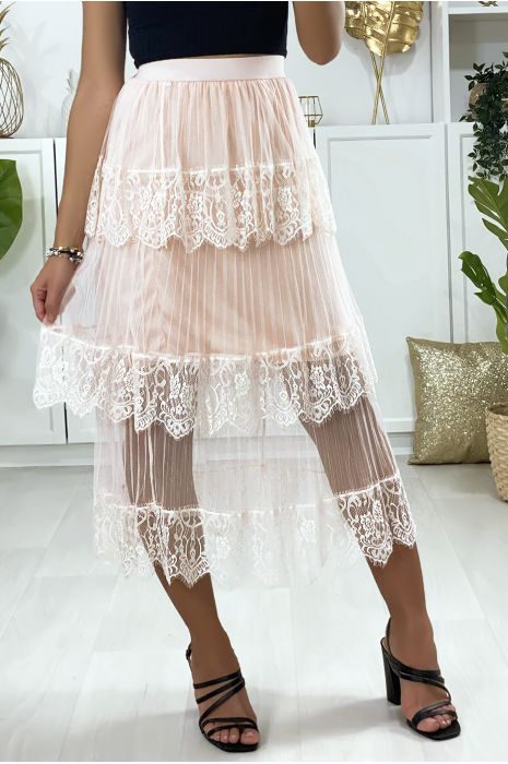 Lined pink voile skirt with lace flounce - 1