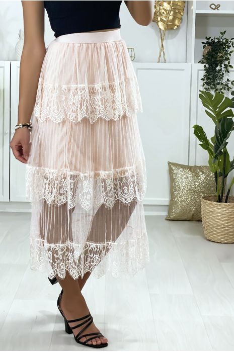 Lined pink voile skirt with lace flounce - 2