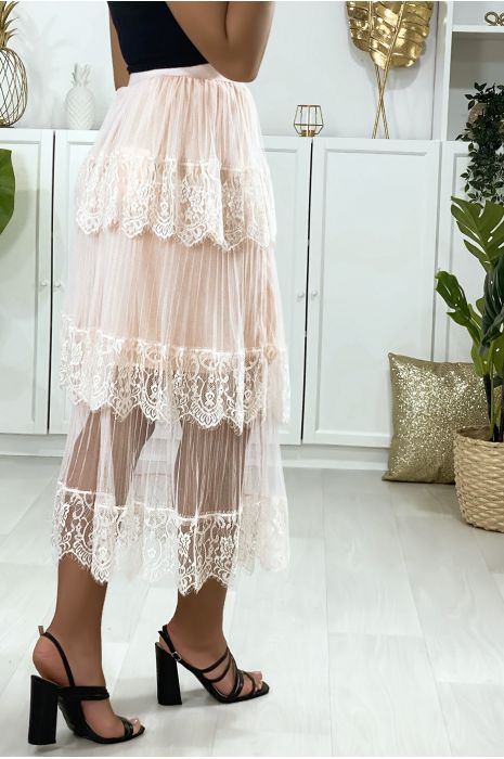 Lined pink voile skirt with lace flounce - 4