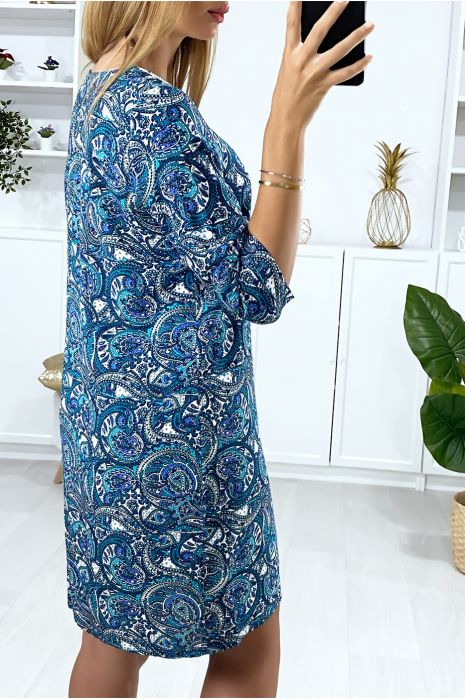 Robe tunique bleu à motif avec fermeture au buste - 4