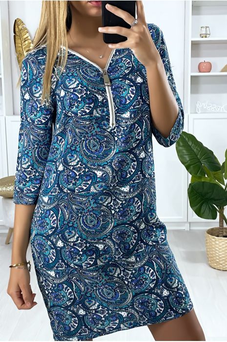 Robe tunique bleu à motif avec fermeture au buste - 5