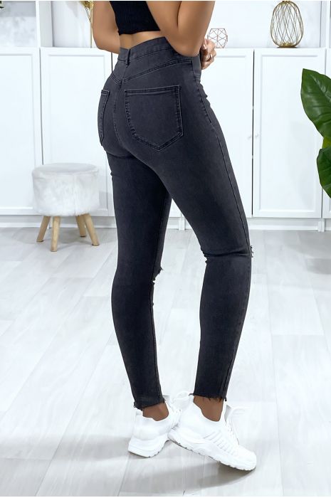 Charcoal Knee Slash High Waisted Jeggings, Slim and Sexy Jeans