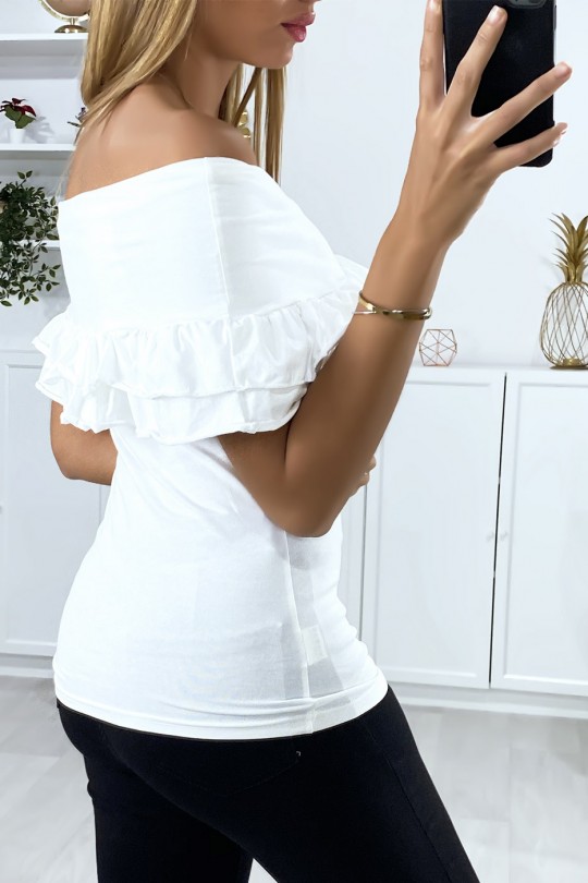 White boat neck top with lapels and frills - 4