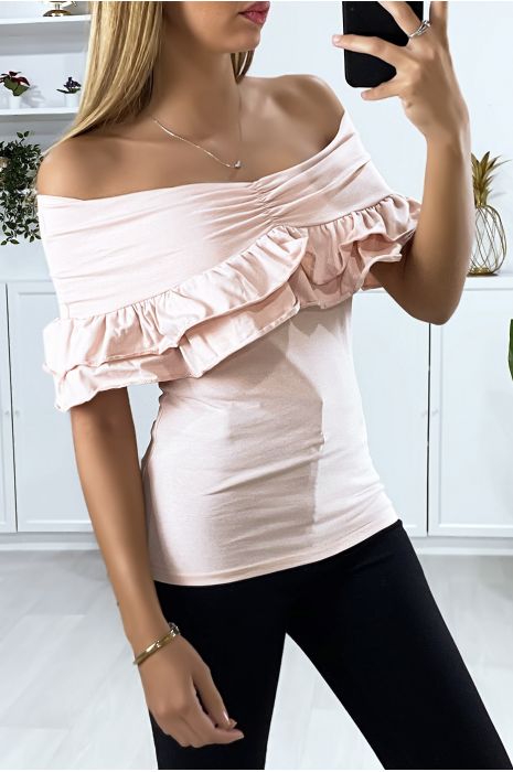 Beige boat neck top with lapels and frills - 3