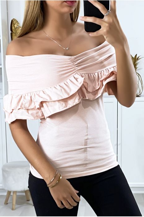 Haut beige col bateau à revers avec froufrou - 1