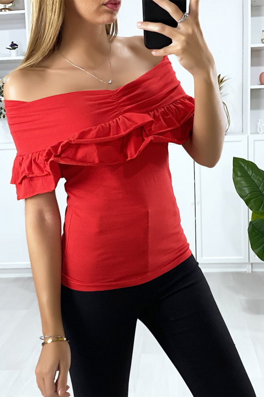 Red boat neck top with lapels and frills - 2