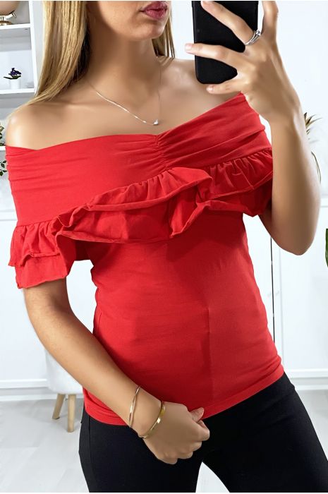 Red boat neck top with lapels and frills - 1