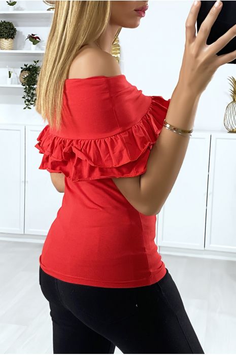 Red boat neck top with lapels and frills - 4