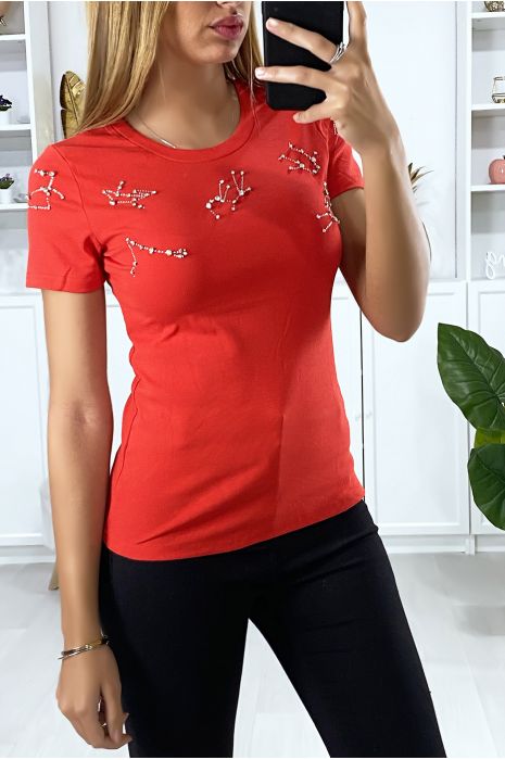 T-shirt rouge avec strass au buste - 3