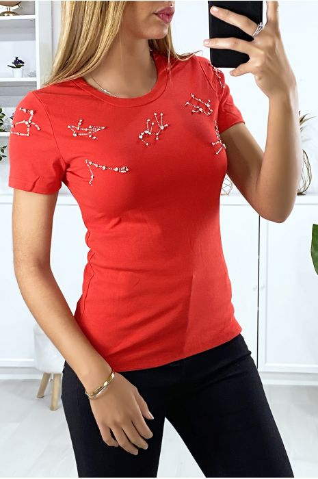 Rood t-shirt met strass steentjes op de buste - 4