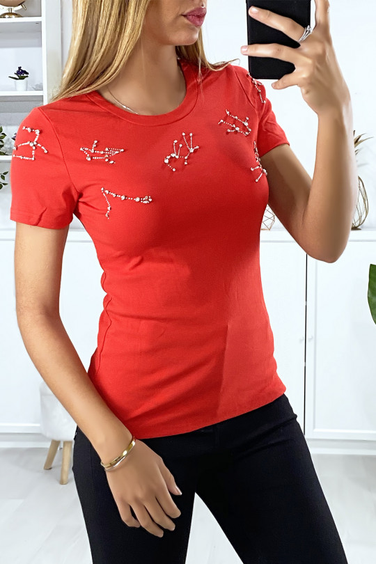 Red t-shirt with rhinestones on the bust - 4