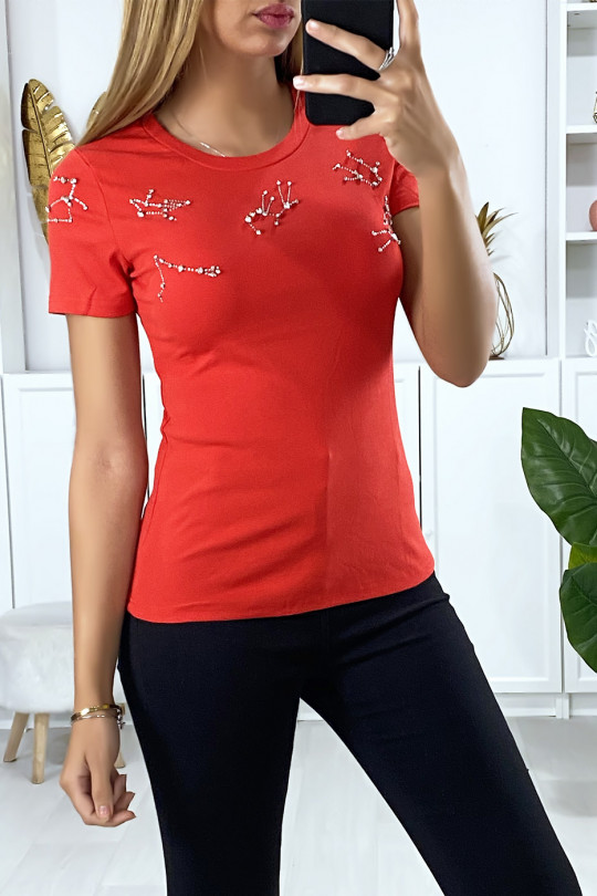 Red t-shirt with rhinestones on the bust - 1