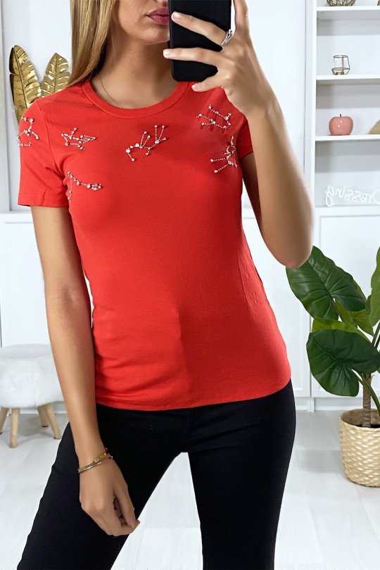 Red t-shirt with rhinestones on the bust - 2