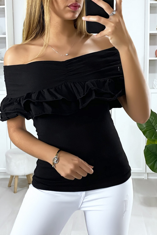 Black boat neck top with lapels and frills - 3
