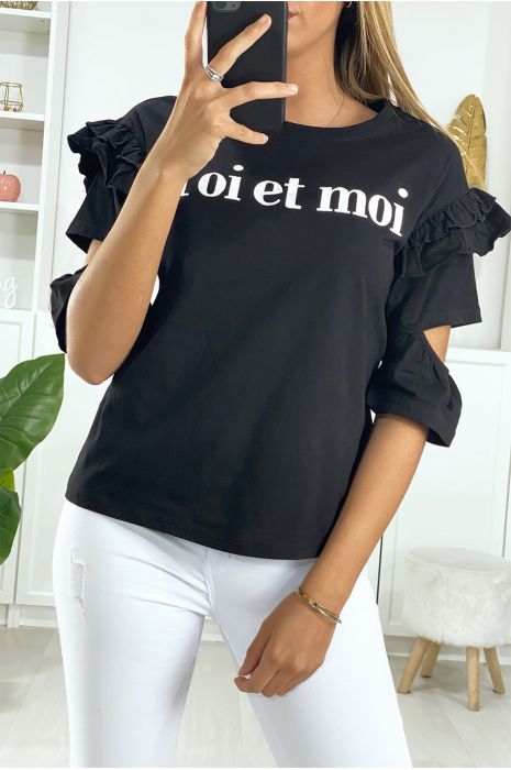 Tee-shirt noir avec frou frou manches ouverte et écriture toi et moi - 2