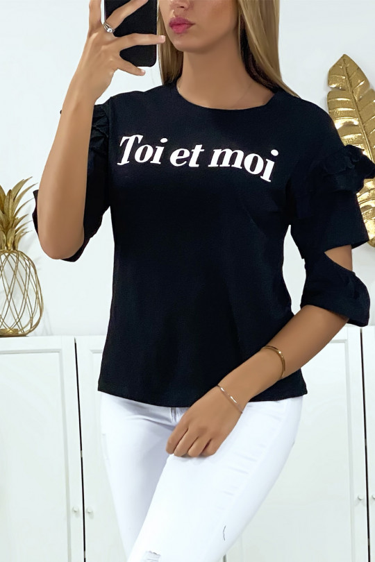 Black t-shirt with frou frou open sleeves and you and me writing - 1