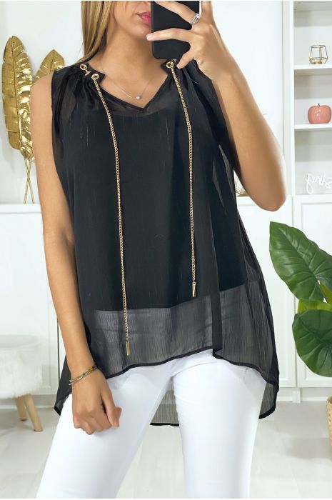 Zwarte crêpe blouse met gouden accessoire bij de kraag - 2