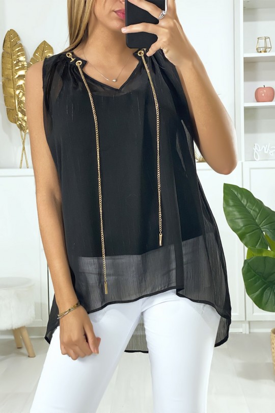 Black crepe blouse with gold accessory at the collar - 2
