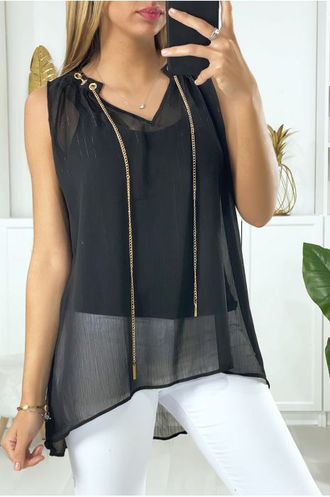 Black crepe blouse with gold accessory at the collar - 1