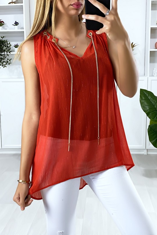 Red crepe blouse with gold accessory at the collar - 1