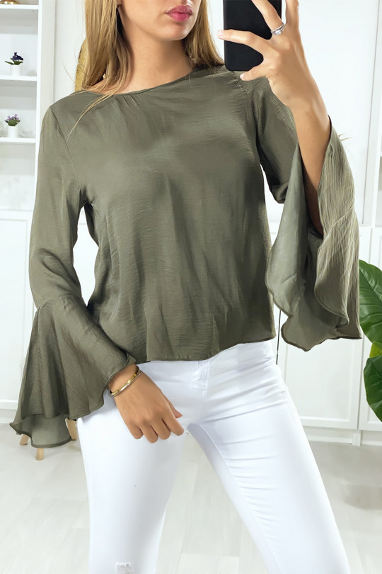 Khaki blouse open at the back with ruffles on the sleeves - 3