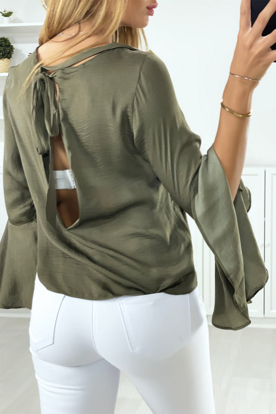Khaki blouse open at the back with ruffles on the sleeves - 4