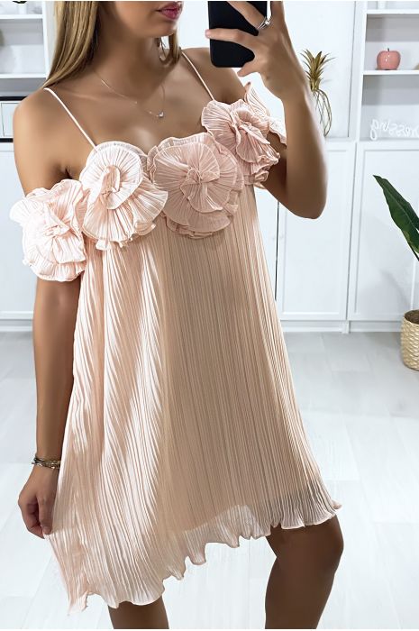 Robe tunique rose plissé et doublé à bretelle - 3