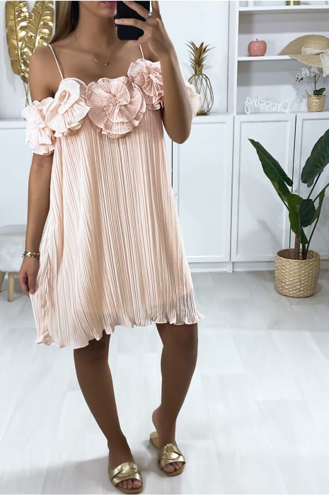 Robe tunique rose plissé et doublé à bretelle - 2