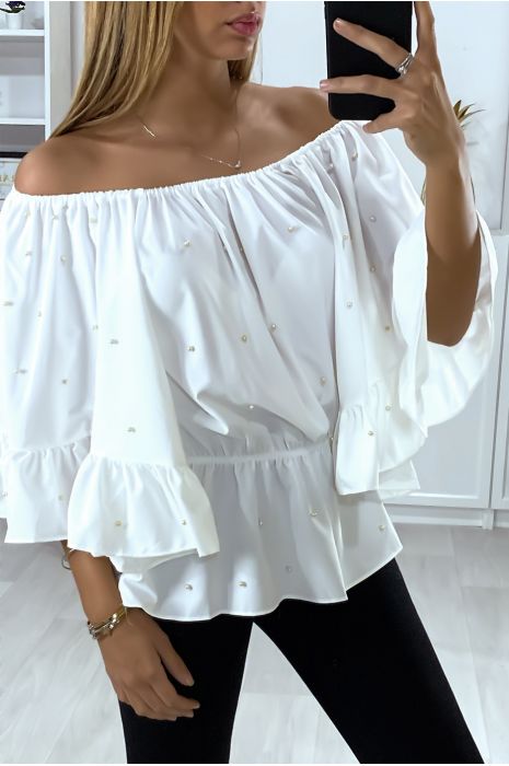 White boat neck blouse with pearls and ruffle sleeves - 2