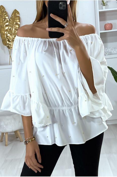 Blouse blanche col bateau avec perles et manches volante - 3