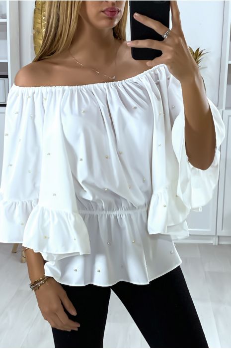 Witte boothals blouse met parels en ruche mouwen - 1