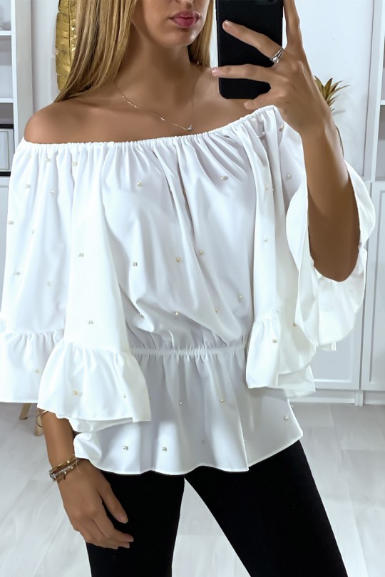 White boat neck blouse with pearls and ruffle sleeves - 1