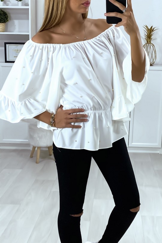Witte boothals blouse met parels en ruche mouwen - 5