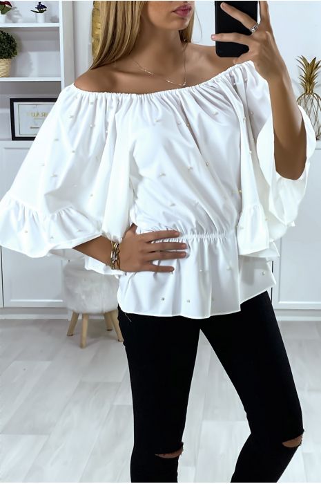 Witte boothals blouse met parels en ruche mouwen - 4